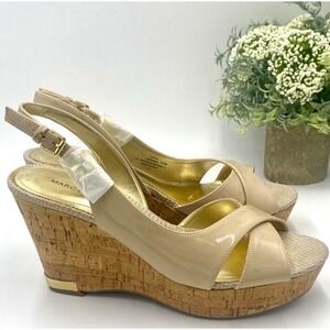 Marc Fisher Nude Patent Leather Strap Cork Wedge Gold Accent Sz 10 NWOT